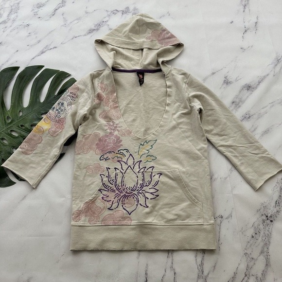 Lucky Brand Vintage Y2k Pullover Sweatshirt Sz S Cream Floral Scoop Neck Hoodie - Picture 1 of 11